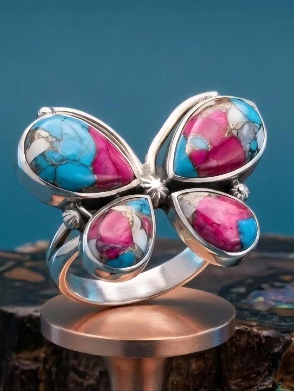 Vintage Southwestern Sterling Silver Cotton Candy Turquoise Butterfly Ring Sz 10